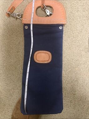 Navy Canvas Unisex Crossbody Bag with Tan Leather Trim. May personalize front
